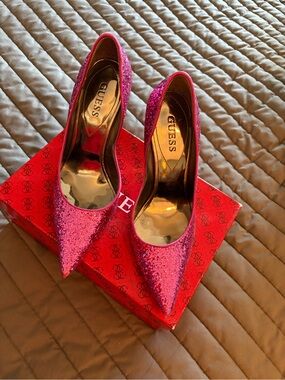 GUESS Pink Glitter Carrie Pointed-Toe High Heels